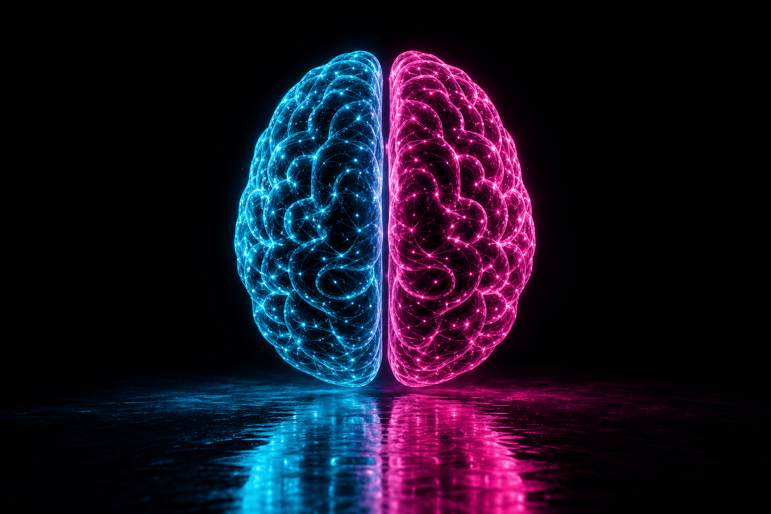 Glowing bisected brain showing logic and empathy